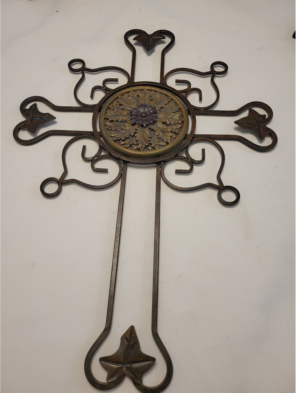 Decorative Vintage Metal 22"x15.5" Cross with Floral Center